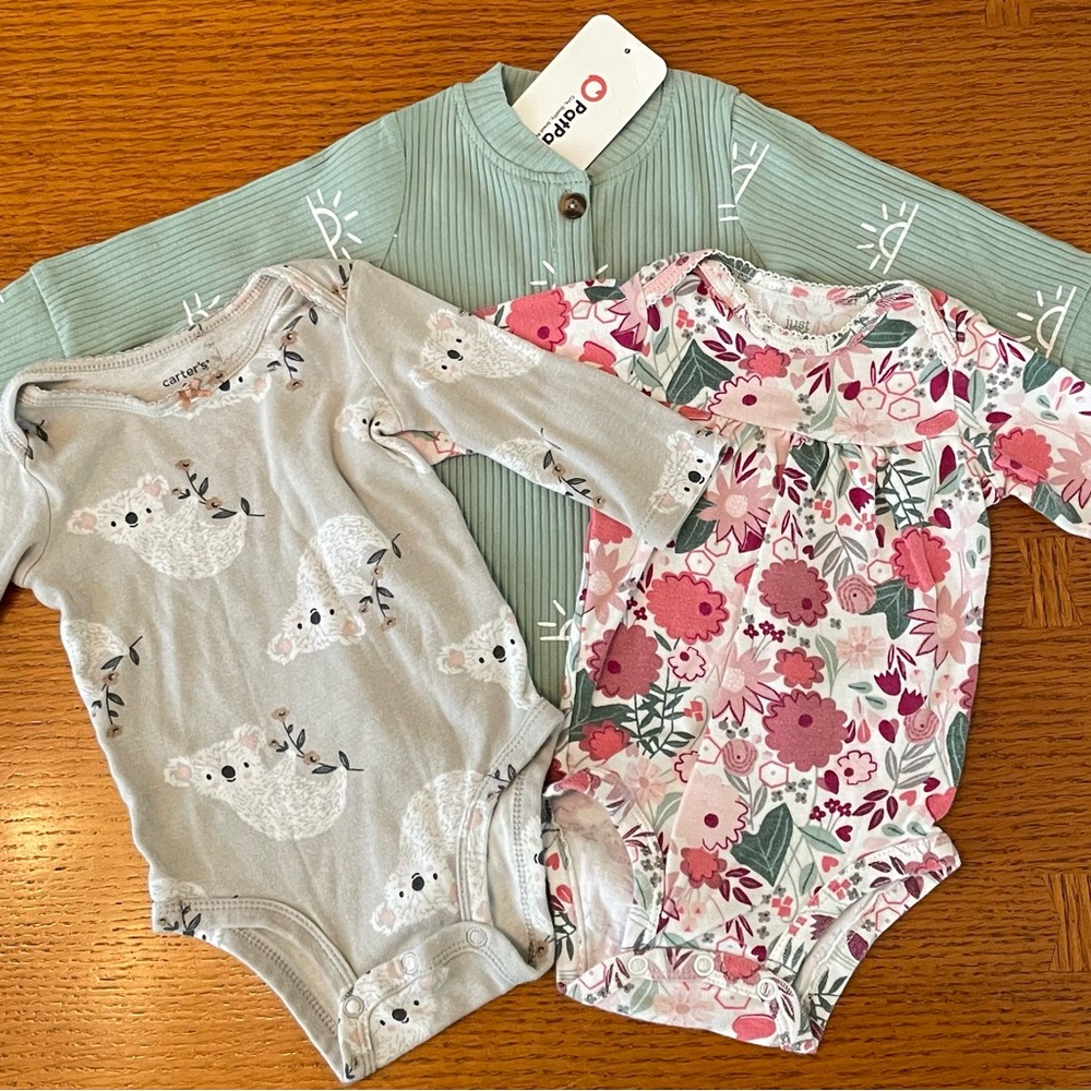 3 PatPat, Koala and Floral Print Bodysuit Sets - Green, Gray, Pink Size 6M